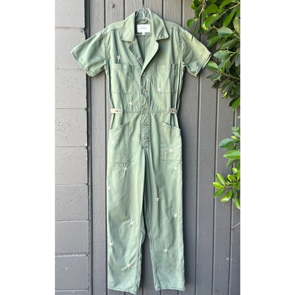 Pistola Grover Daisy Embroidered Utility Jumpsuit Green Small - Picture 3 of 8